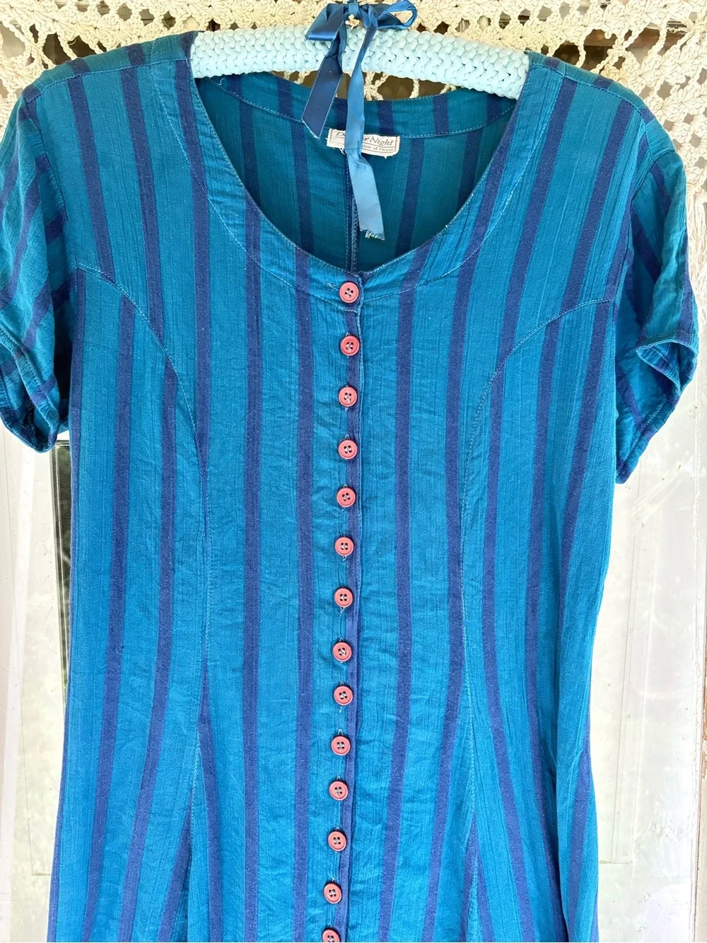 Vintage 90s Blue & Navy Striped Button-Front Dress M/L